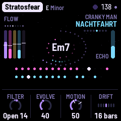 The main screen: the chord's name among orbiting dots, the five layers' meters, the two sequences' lanes