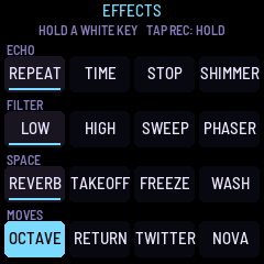 The effects grid, REC held: four rows of four, Octave held